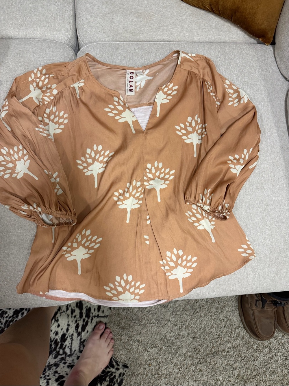 dolan Tan Floral Print V-Neck Peasant Blouse